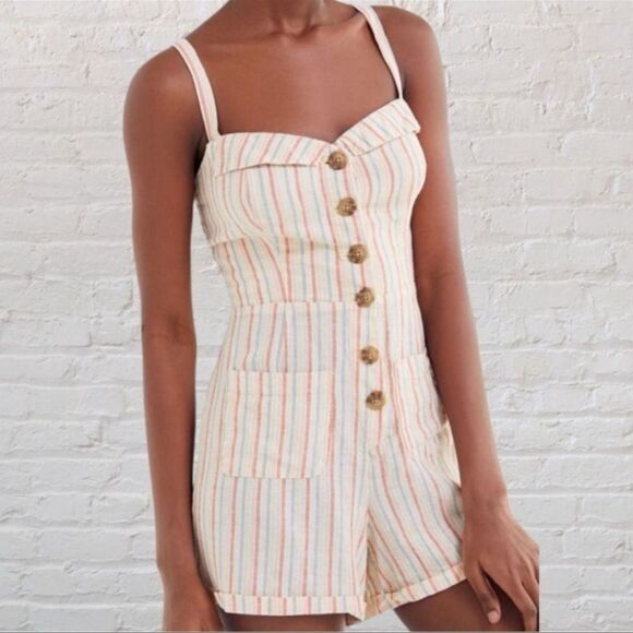 Urban Outfitters Pants - Urban Outfitters Striped Button-Front Romper | Size S | Linen Blend